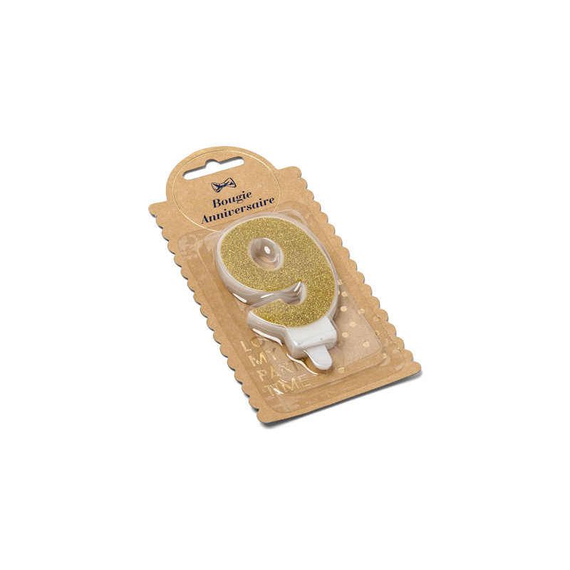 BOUGIE CHIFFRE 9 PAILLETTES OR 7.3CM AV