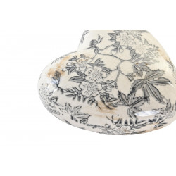 DÉCORATION CŒUR ROMANTIQUE FLEURS GRIS BLANC 11x11x4cm