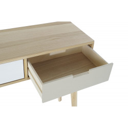 Console de bureau scandinave hévéa blanc naturel et taupe 2 tiroirs