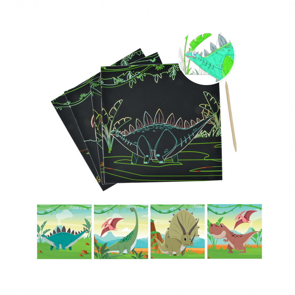 Cartes à gratter et colorier dinosaures 4 modèles 20x20cm