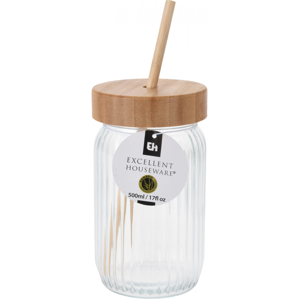 MASON JAR 500ML AVEC PAILLE ET COUV BAMB