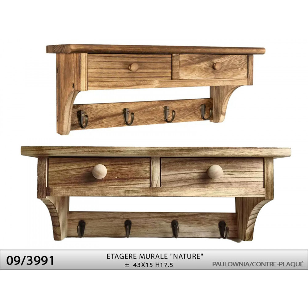 ETAGERE PATÈRE MURALE 43X15 H17.5 "NATUR