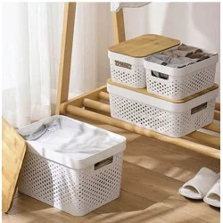 Caja de plástico blanca con tapa de bambú L26cm