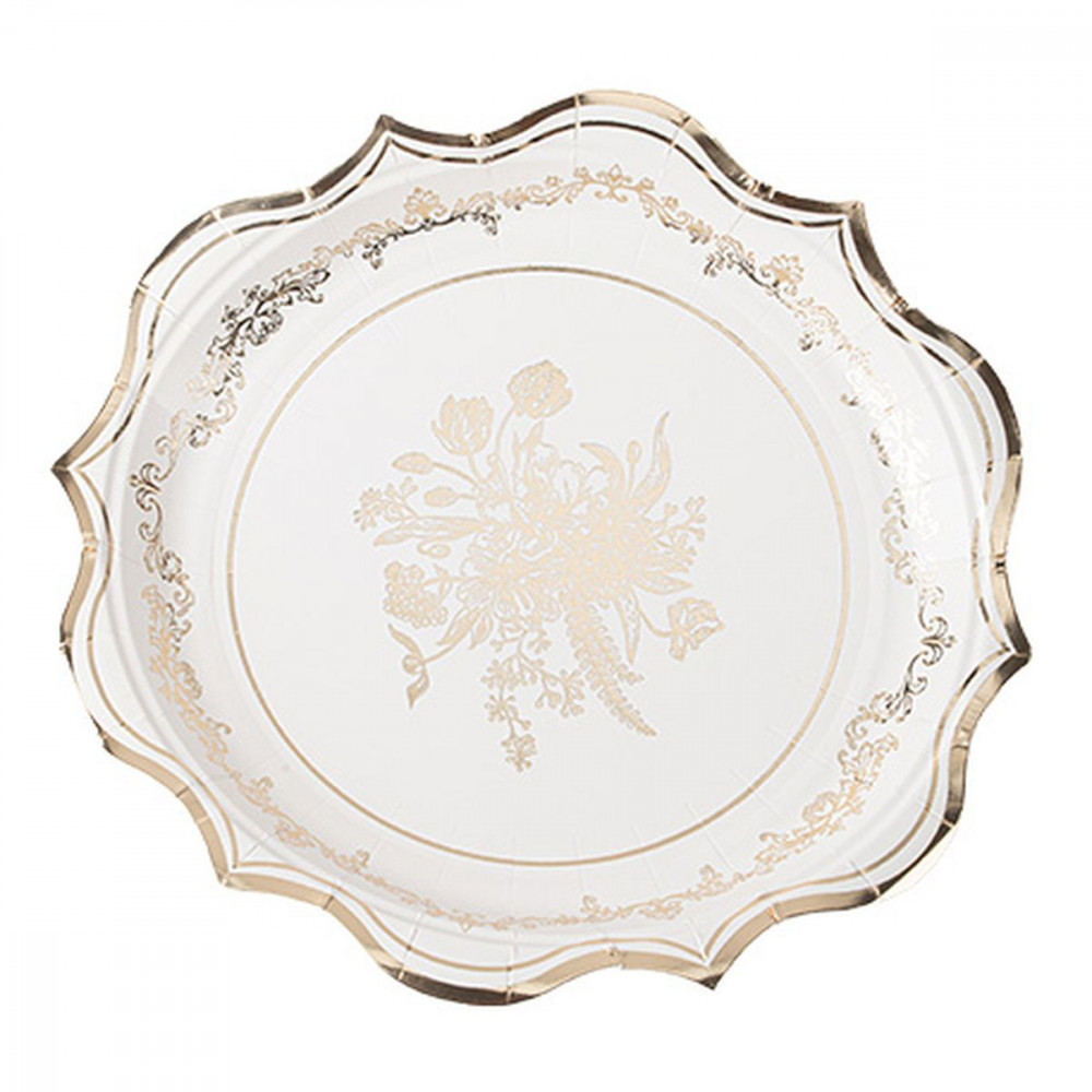 8 Assiettes Vintage Carton Blanc et Or Ø