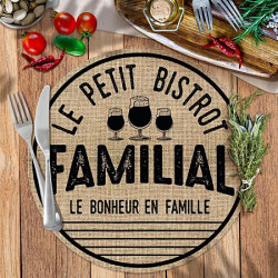Set de table rond "Le Petit Bistrot Familial" en jute D38cm