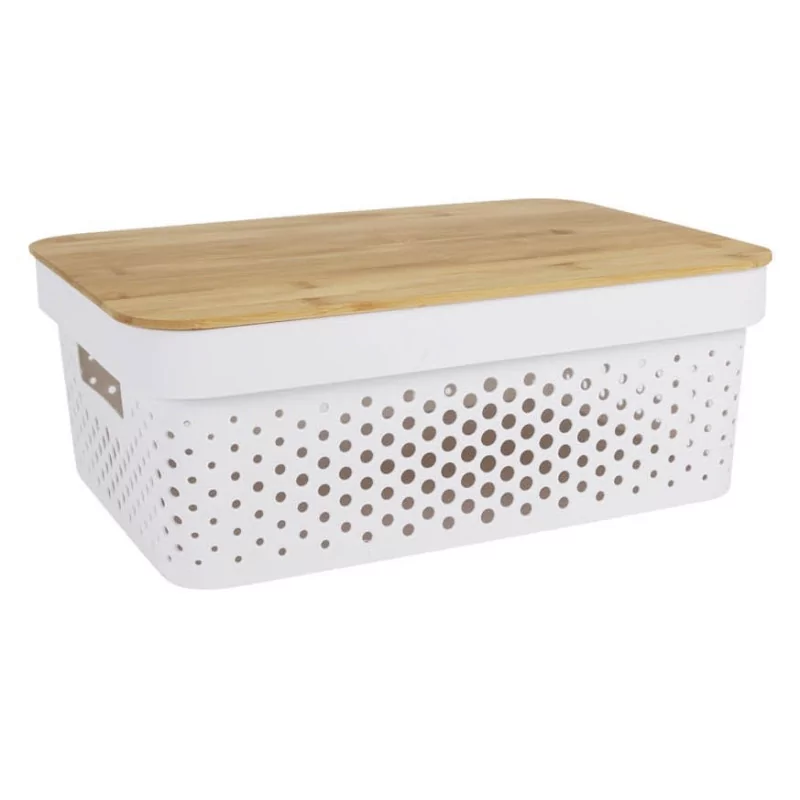 Boite en plastique blanche couvercle bambou L36cm