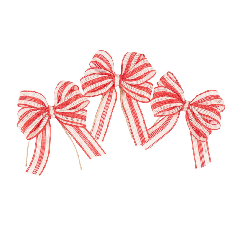 3 Nœuds Rayés Jute Rouge et Crème 13x11c