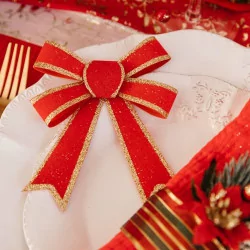 3 Red and Gold Velvet Bows - 10x12cm