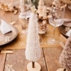Beige Furry Gran Tree on Wooden Base - Guld Glitter Star - D7x33cm