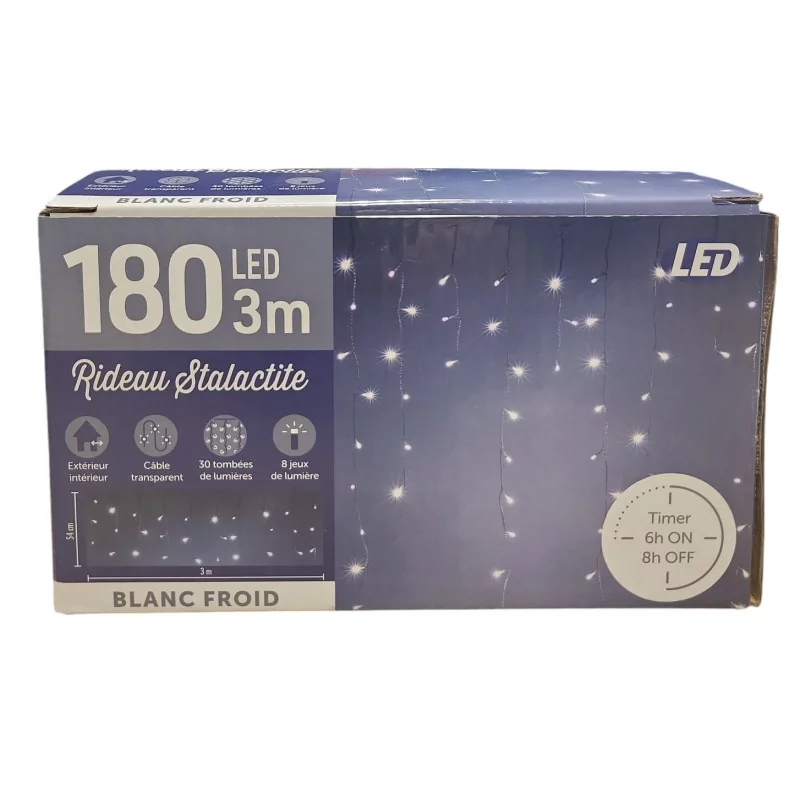 Rideau lumineux stalactite 180 LED blanc 8 modes Timer 3m Intérieur/Extérieur Rideau lumineux stalactite 180 LED blanc 8 modes Timer 3m Intérieur/Extérieur