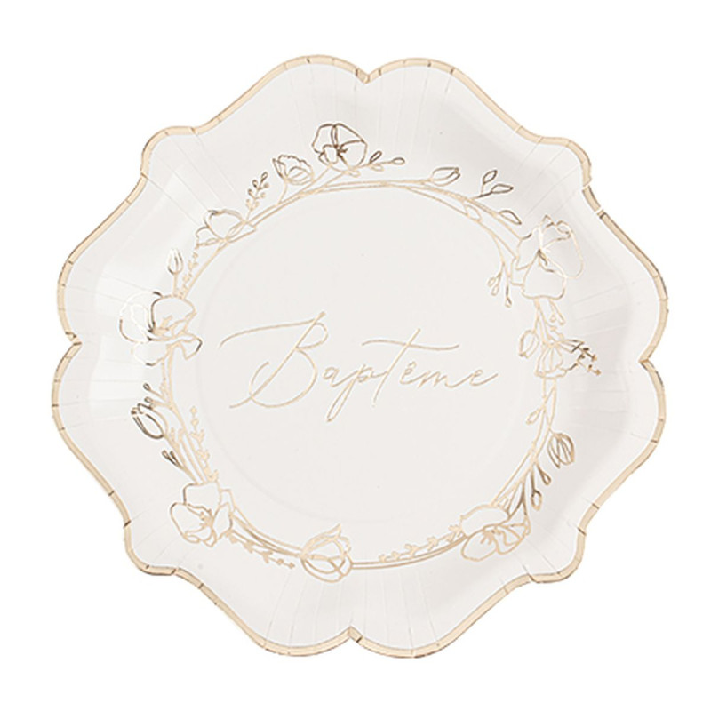 Assiettes X8 Baptême Carton Crème et Or