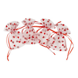 Pochons cœurs X4 Organza Blanc et Rouge