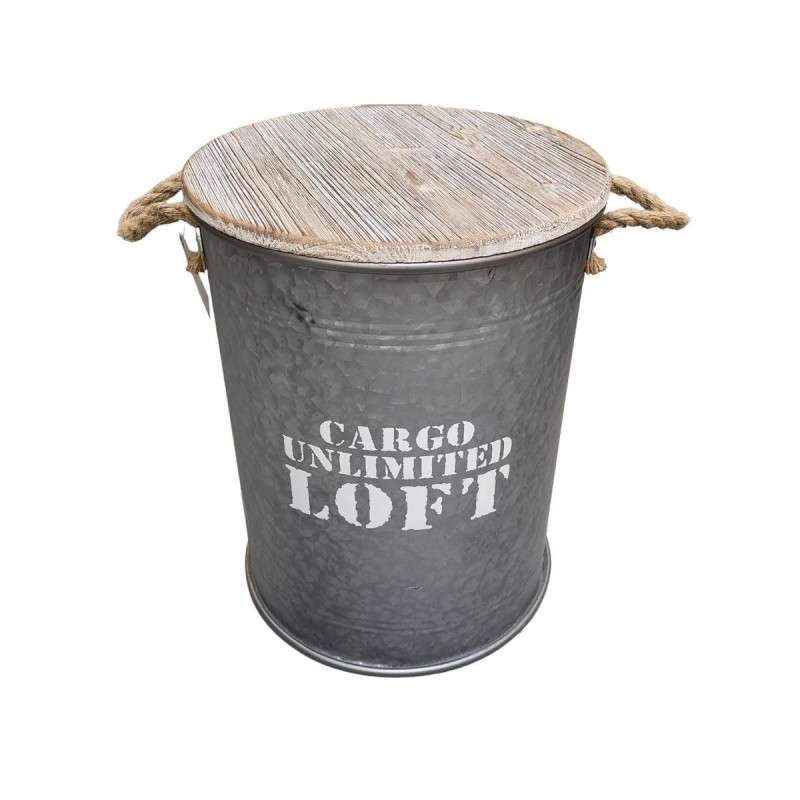 Bidon coffre en métal zinc PM couvercle en bois D27xH41cm