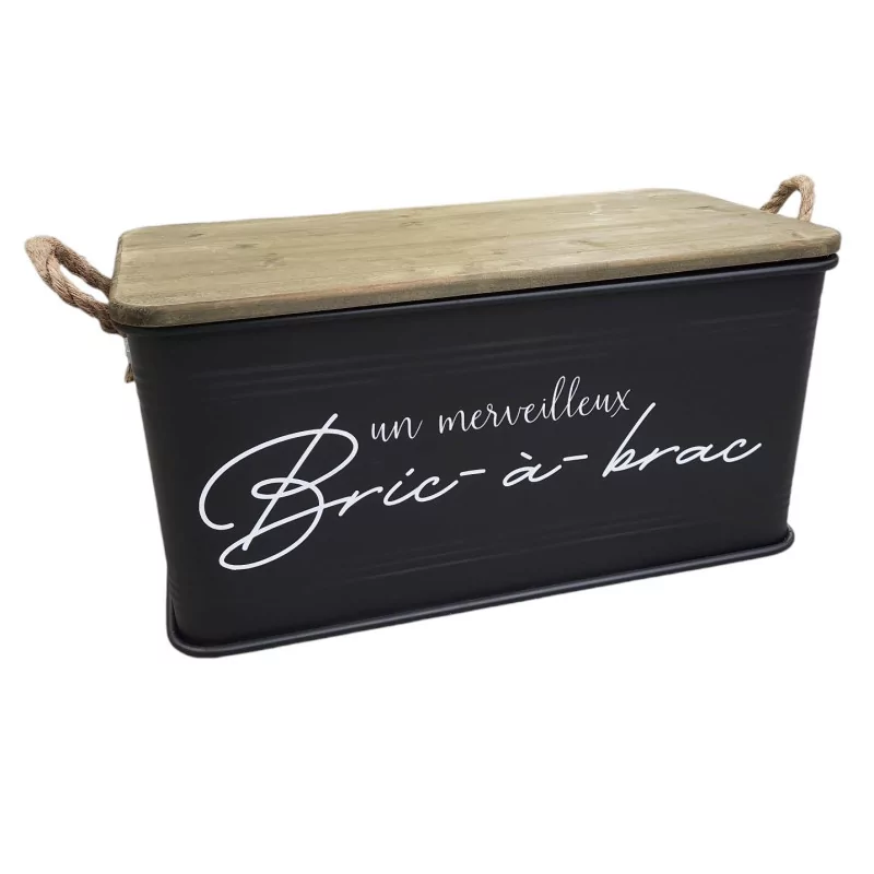 Baúl de metal negro "Bric-a-brac" Tapa de madera de abeto