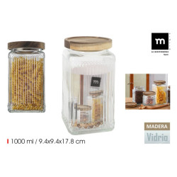 POT CARRE COTELE EN VERRE 1L COUV BOIS 9