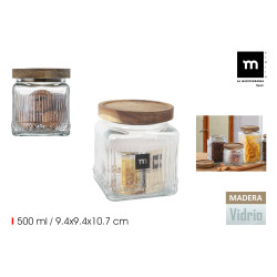POT CARRE COTELE EN VERRE 0.5L COUV BOIS