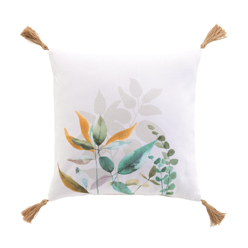 Coussin Dilaris 40x40cm - Écru motif floral coloré et pompons Coussin Dilaris 40x40cm - Écru motif floral coloré et pompons