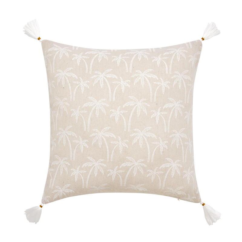 Coussin Saharis 45x45cm - Beige Imprimé Palmiers et Pompons Coussin Saharis 45x45cm - Beige Imprimé Palmiers et Pompons