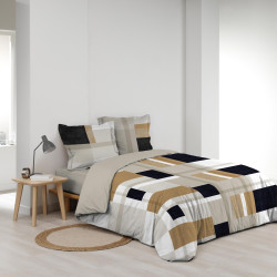 Parure de Lit Ulysse 260x240cm - Percale 78 Fils Motif Géométrique Noir/Blanc/Beige Réversible Oeko-Tex
