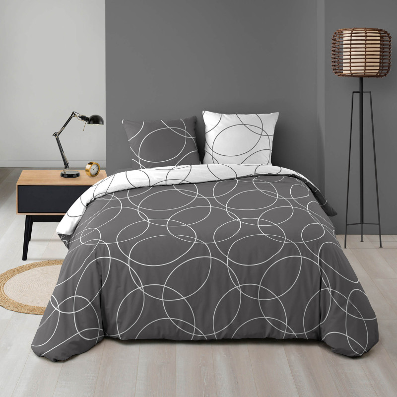 Parure de Lit Elton 240x220cm Microfibre Réversible Gris / Blanc Imprimé Géométrique Parure de Lit Elton 240x220cm Microfibre Réversible Gris / Blanc Imprimé Géométrique