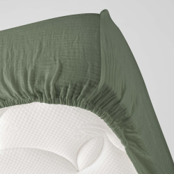 Drap Housse Angelia Kaki 140x190cm Double Gaze Coton Uni 57 Fils