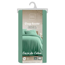 Drap Housse Angelia Sauge 140x190cm Double Gaze Coton Uni 57 Fils