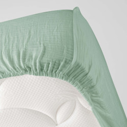 Drap Housse Angelia Sauge 160x200cm Double Gaze Coton Uni 57 Fils
