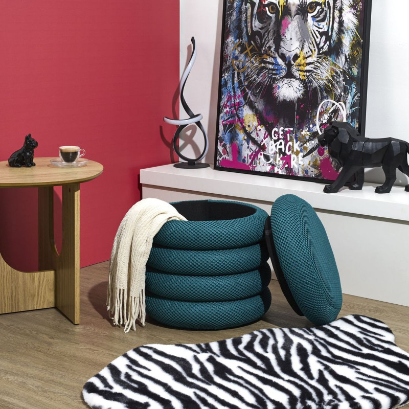 Pouf De Rangement Inter - Bleu Et Noir - 100% Polyester - Design Pratique Et Moderne