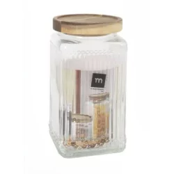 Tarro de cristal cuadrado acanalado de 1 L - Tapa de madera