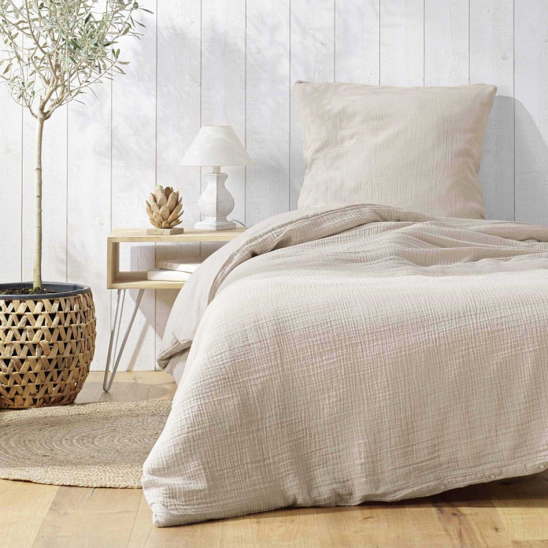Parure de Lit ANGELIA Sable 1 Personne - 140×200 cm - Double Gaze de Coton