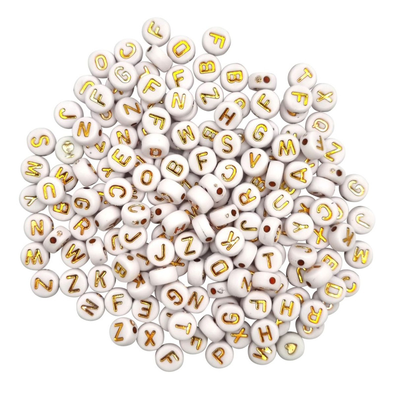 Perles lettres rde acryl blc et or, 0,7