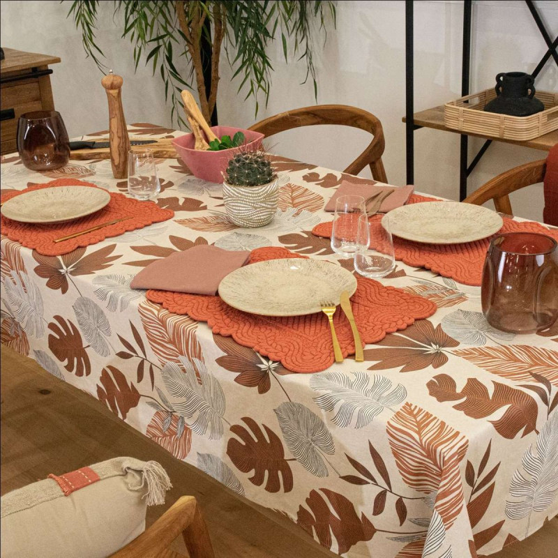 Nappe de Table Enduite 'Bornéo' - Motif Feuillage - Brun - 200x150 cm