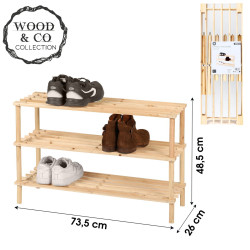 Étagère Range-Chaussures en Bois - 3 Niveaux - 73,5x26x48,5cm