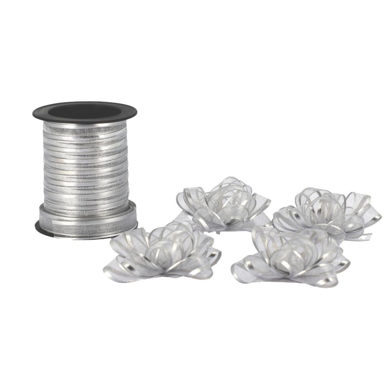 4 Nœuds Adhésifs Argent Ø5cm + Ruban Org