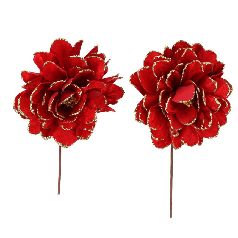 2 Fleurs Velours Rouge et Paillettes Or