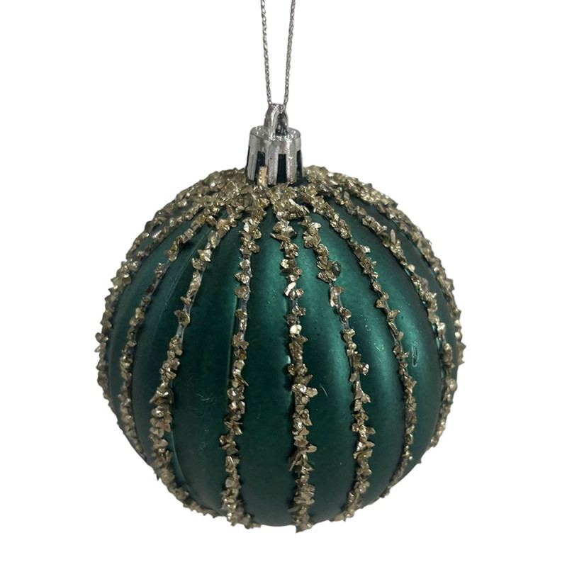 Boule de Noël verte mate et dorée striée 8cm Boule de Noël verte mate et dorée striée 8cm