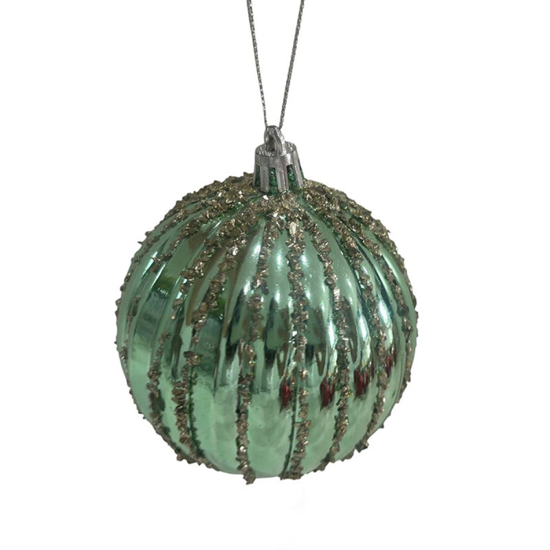 BOULE STRIEE VERTE + PAILLETTES OR D8CM