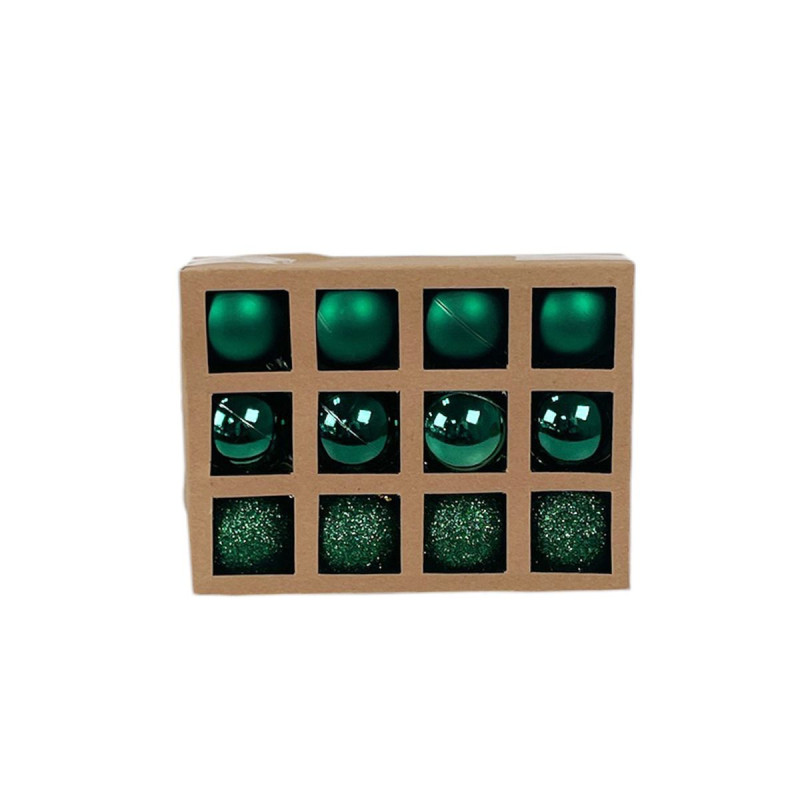 Boîte de 12 Boules de Noël D4CM – Couleurs Vert Forêt & Finis Assortis