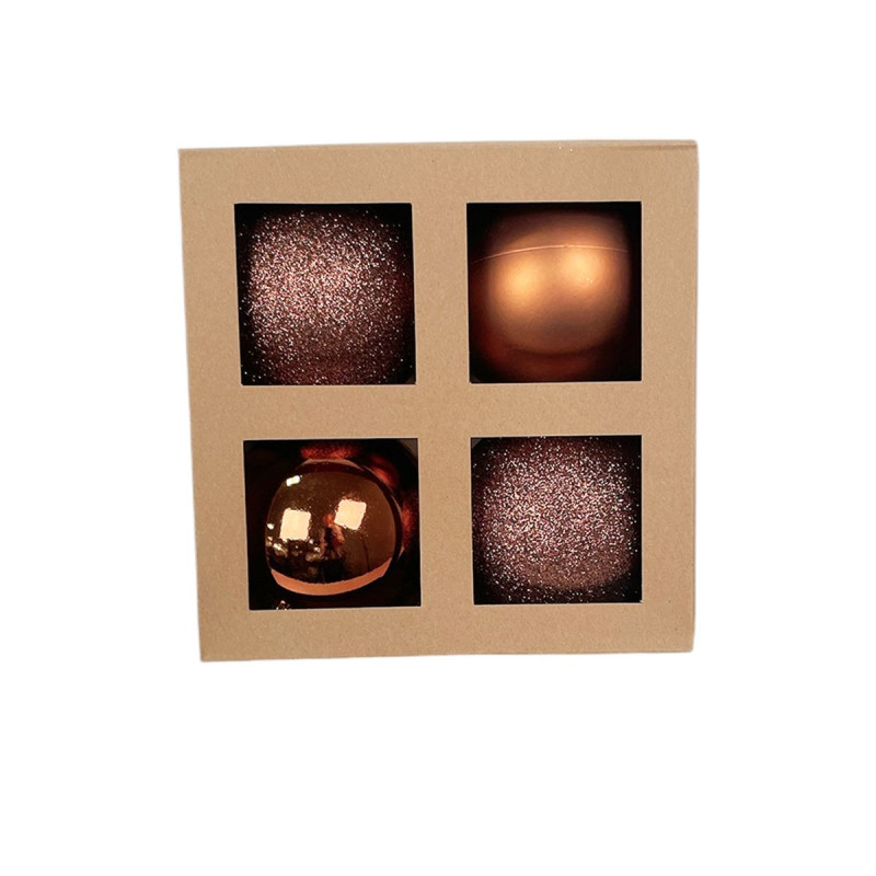Boîte de 4 Grandes Boules de Noël D10cm – Couleurs Marron Chaud & Finis Assortis Boîte de 4 Grandes Boules de Noël D10cm – Couleurs Marron Chaud & Finis Assortis