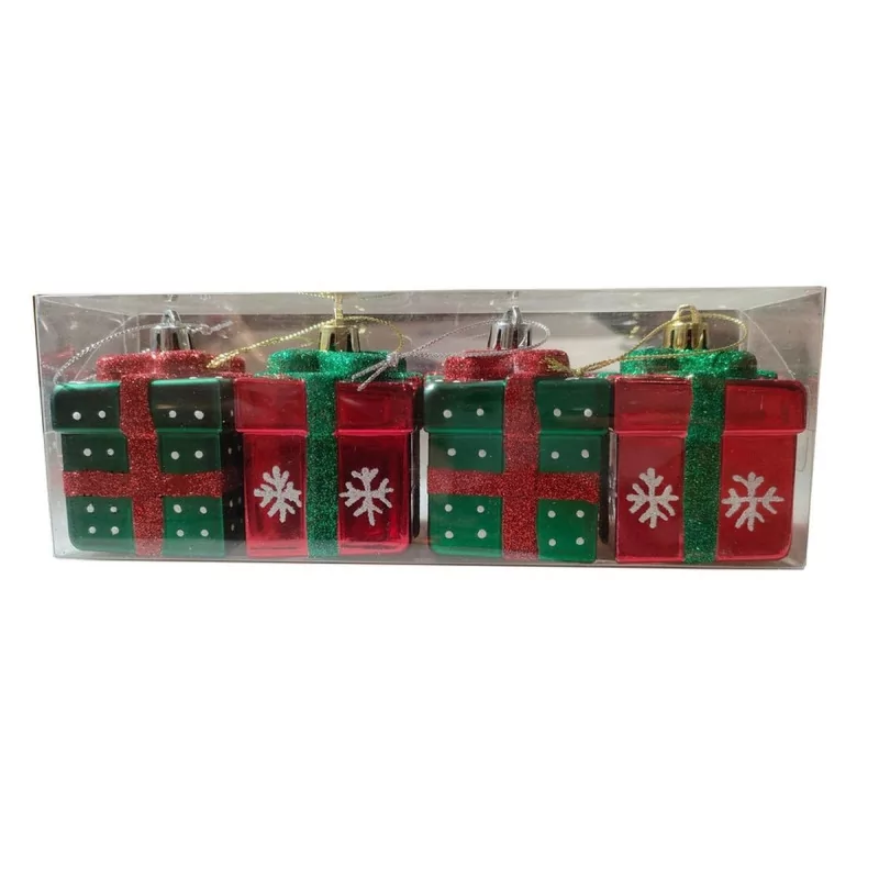 Lot de 4 suspensions de Noël en forme de cadeaux - Rouge et vert