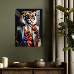 Toile Décorative Tendance Tigre en Costume Coloré – Effet Laqué, 60×40 cm
