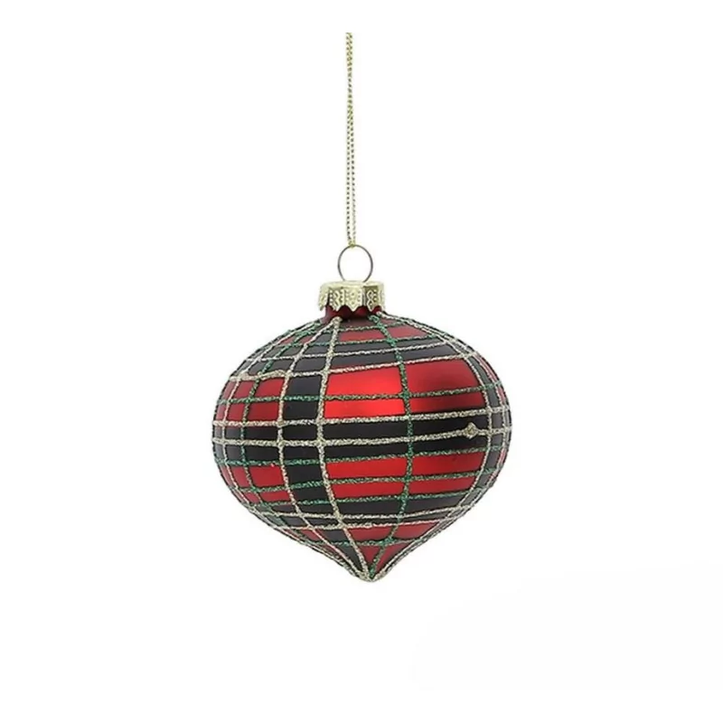 Boule de Noël en verre forme goutte, motif carreaux écossais