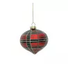 Boule de Noël en verre forme goutte, motif carreaux écossais