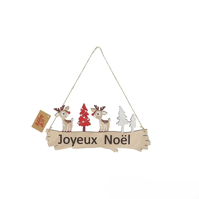Pancarte de Noël en bois à suspendre "Joyeux Noël" avec rennes et sapins Pancarte de Noël en bois à suspendre "Joyeux Noël" avec rennes et sapins