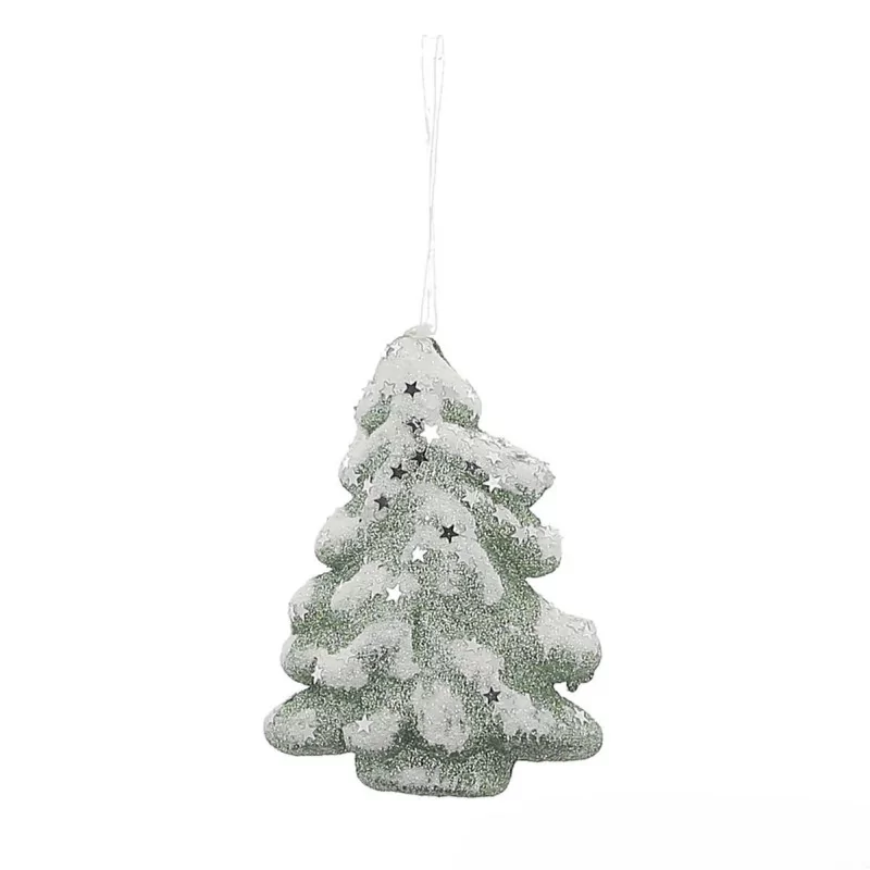 Suspension de Noël sapin vert enneigé avec étoiles H13cm Suspension de Noël sapin vert enneigé avec étoiles H13cm