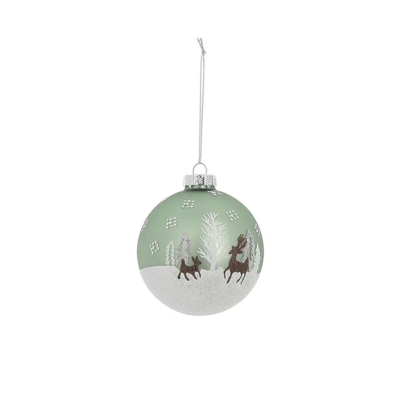 Boule de Noël verte avec scène de forêt D8cm Boule de Noël verte avec scène de forêt D8cm