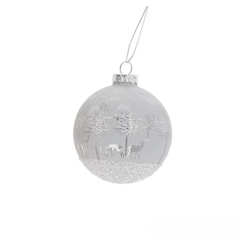 Boule de Noël en verre avec cerf et scène de forêt D8cm Boule de Noël en verre avec cerf et scène de forêt D8cm