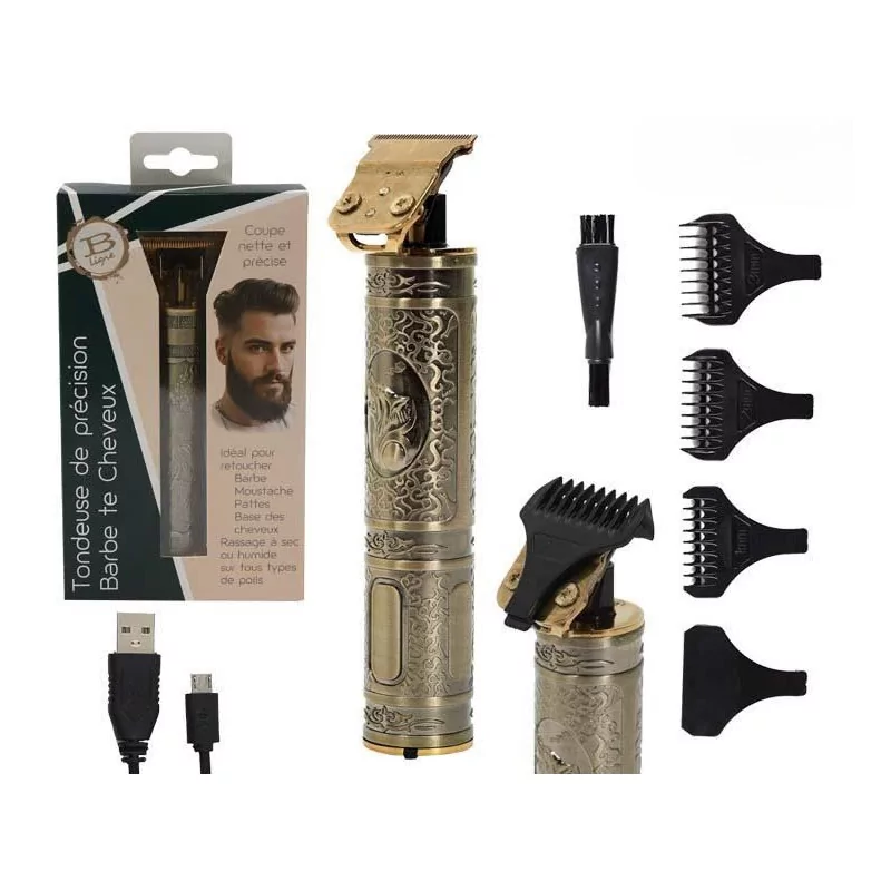 Tondeuse de Précision Barbe et Cheveux "B Ligne" – 7 Pièces Métal, Rechargeable USB
