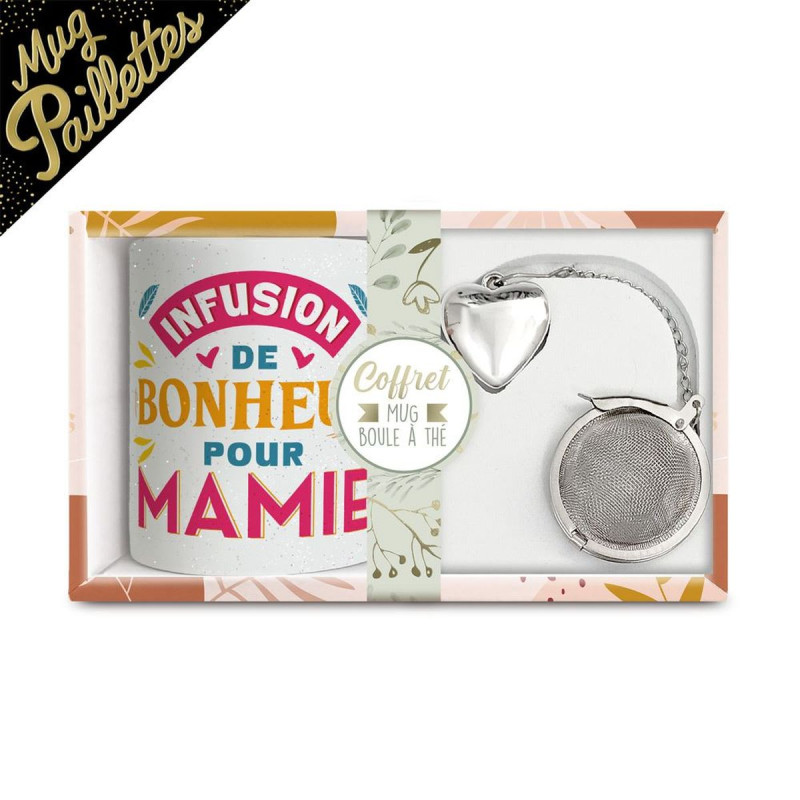 COFFRET MUG BOULE A THE "MAMIE" A PAILLE