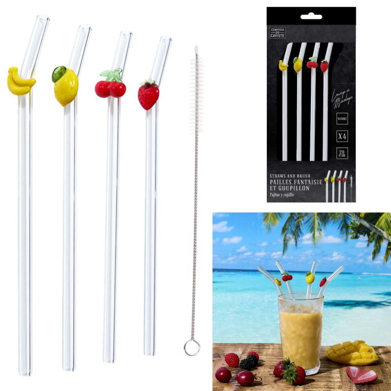 PAILLE EN VERRE FORME FRUIT X4 AVEC GOUP